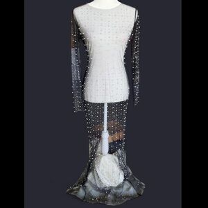 Sheer Black Crystal/ Pearl Embellished Long Sleeve Gown